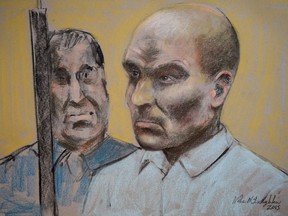 Bertrand Charest is seen on a court drawing during a bail hearing on March 16, 2015 in St-Jerome, Que.