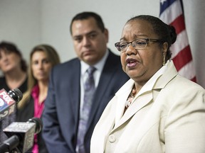 Wayne County Prosecutor Kym Worthy answers a question after announcing charges in several different cases involving police at the Frank Murphy Hall of Justice in Detroit, Wednesday, Dec. 20, 2017.