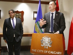 Calgary mayor Naheed Nenshi (left) and Saint John, N.B. mayor Don Darling speak to media about the Energy East Pipeline in Calgary on, Sept. 22, 2017. (Dean Pilling/Postmedia Network)