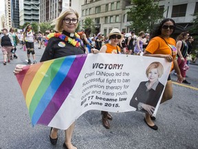 NDP MPP Cheri DiNovo at the Dyke March along Bloor St. W. in Toronto, Ont. on June 24, 2017.