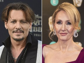 In this combination photo, Johnny Depp appears at the Los Angeles premiere of "Pirates of the Caribbean: Dead Men Tell No Tales" on May 18, 2017, left, and  J.K. Rowling appears at the BAFTA Film Awards in London on Feb. 12, 2017. Rowling is voicing her support for Depp and his casting in an upcoming sequel to “Fantastic Beasts and Where to Find Them.” The author published a statement on her website Thursday. Some “Harry Potter” fans have said they would boycott “Fantastic Beasts: The Crimes of Grindelwald” after Depp’s ex-wife Amber Heard said during their divorce that Depp had hit her.  (Photos by Jordan Strauss, left, and Vianney Le Caer/Invision/AP, File)