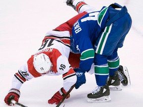 Carolina Hurricanes centre Marcus Kruger goes over Vancouver Canucks left winger Sven Baertschi on Dec. 5, 2017