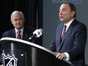 In this Jan. 24, 2015 file photo, NHL commissioner Gary Bettman, right, and NHLPA executive director Donald Fehr take part in announcing the return of the World Cup of Hockey