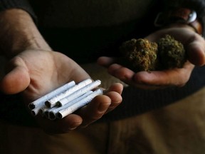 Medical marijuana user Nate Craig holds joints and buds at his home in Belleville, Ont. Tuesday, November 8, 2016.