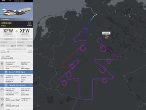 The undated screenshot of the webpage of Flightradar24.com shows the test flight of a pilot who has flown a huge Christmas Tree over Germany. Airbus spokesman Heiko Stolzke told news agency dpa Thursday, Dec. 14, 2017 that the nearly 5½-hour flight the previous day was "a standard internal Airbus test flight before the delivery of a new aircraft.