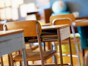 In this stock photo, empty desks sit in an elementary school classroom.