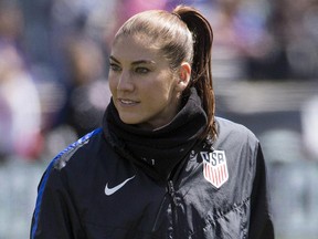 In this April 10, 2016, file photo, United States' Hope Solo waits for the team's international friendly soccer match against Colombia in Chester, Pa.
