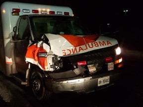 An Ornge ambulance suffered heavy damages when it collided with a horse in Ottawa's east end Friday night. The horse died.