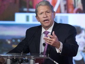 In this May 14, 2015, file photo, then-Canadian Pacific Railway CEO Hunter Harrison speaks at the company's annual meeting in Calgary. Harrison, the president and CEO of railroad giant CSX, has died, the company announced Saturday, Dec. 16, 2017.