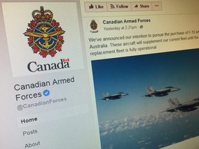 The Canadian Armed Forces Facebook page featuring a post on the purchase of used Australian F-18 jets photographed on Dec. 13, 2017.