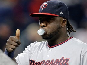 Minnesota Twins' Miguel Sano gives a thumbs-up after the Twins defeated the Cleveland Indians on May 12, 2017