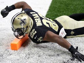 Mark Ingram #22 of the New Orleans Saints reacts after scoring a touchdown against the New York Jets at Mercedes-Benz Superdome on December 17, 2017 in New Orleans, La  (Photo by Chris Graythen/Getty Images)