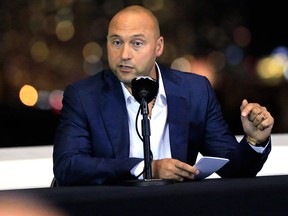 Miami Marlins co-owner Derek Jeter speaks during town hall meeting at Marlins Park on Dec. 19, 2017