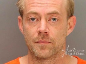 This Sunday, Dec. 10, 2017, photo released by the Ada County Sheriff's Office shows 37-year-old Jonathan Joseph Locksmith. The Ada County Sheriff's office says Locksmith drove toward the courthouse in the state's capital city Sunday morning, spinning his vehicle around in a "doughnut" before landing it in a fountain in downtown Boise, Idaho. Locksmith was arrested on a misdemeanor reckless driving charge and is now in jail. (Ada Sheriff Department via AP)