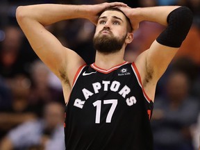 Jonas Valanciunas of the Toronto Raptors reacts during the second half of the NBA game against the Phoenix Suns at Talking Stick Resort Arena on Dec. 13, 2017