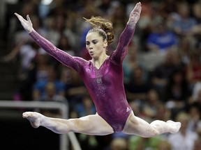 In this July 1, 2012, file photo, McKayla Maroney performs in the floor exercise event during the final round of the women's Olympic gymnastics trials in San Jose, Calif.