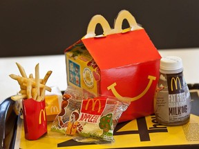A Happy Meal is displayed for a photograph on a tray at a McDonald's Corp. restaurant in Little Falls, New Jersey, U.S., on Wednesday, Feb. 15, 2012.