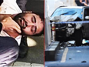 A white SUV (C) sits in the middle of the road as police and emergency personnel work at the scene of where a car ran over pedestrians in Flinders Street in Melbourne on December 21, 2017. (L) Australia's 9 News posted a photo of a man believed to be the suspect.