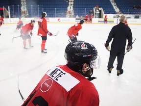 Victor Mete takes part in a drill on the first day of selection camp for the 2018 World Junior Hockey Championship in St.Catharines, Ont., on Dec. 12, 2017