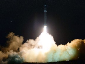 In this image provided on Nov. 30, 2017, by the North Korean government, what the North Korean government calls the Hwasong-15, a "significantly more" powerful, nuclear-capable intercontinental ballistic missile, is launched in North Korea on Wednesday, Nov. 29.