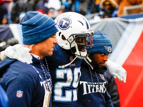 DeMarco Murray of the Tennessee Titans is helped off the field during a game against the Los Angeles Rams at Nissan Stadium on Dec. 24, 2017 in Nashville, Tenn. (Wesley Hitt/Getty Images)