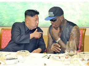 n this undated photo published on Sept. 7, 2013, on the homepage of North Korea's Rodong Sinmun newspaper, North Korean leader Kim Jong Un, left, talks with former NBA player Dennis Rodman during a dinner in North Korea. North Korea is expecting another visit by former NBA bad boy Rodman on Tuesday, June 13, 2017,  in what would be his first to the country since President Donald Trump took office. Independent journalists were not given access to cover the event depicted in this photo. (Rodong Sinmun/Korea News Service via AP)