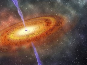 This illustration provided by the Carnegie Institution for Science shows the most-distant supermassive black hole ever discovered, which is part of a quasar from just 690 million years after the Big Bang. (Robin Dienel/Carnegie Institution for Science via AP)