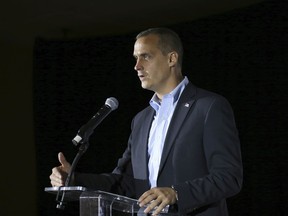 FILE- In this Nov. 9, 2017, file photo, Corey Lewandowski, the former campaign manager for President Donald Trump, speaks during an event in Manchester, N.H. Joy Villa, a singer and potential congressional candidate, says she has filed a sexual assault complaint Lewandowski for hitting her twice on her buttocks during a Washington gathering in November.