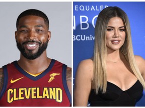 This combination photo shows television personality Khloe Kardashian at the NBCUniversal Network 2017 Upfront at Radio City Music Hall in New York on May 15, 2017, right, and Cleveland Cavaliers' Tristan Thompson at the NBA basketball team media day in Independence, Ohio, on Sept. 25, 2017, left. (AP Photos/Evan Agostini/Ron Schwane)