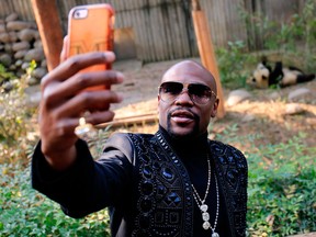 This picture taken on November 30, 2017 shows US boxer Floyd Mayweather posing for a selfie by a panda enclosure as he visits the Chengdu Research Base of Giant Panda Breeding in Chengdu in China