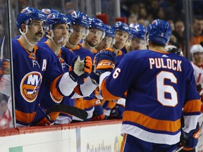 Ryan Pulock of the New York Islanders celebrates his goal against the Detroit Red Wings on Dec. 19, 2017