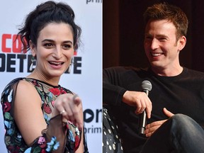 Jenny Slate and Chris Evans spent Christmas together. (Alberto E. Rodriguez and Paras Griffin/Getty Images)