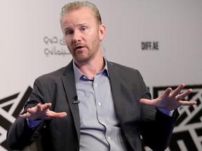 Director Morgan Spurlock speaks on stage during the 14th annual Dubai International Film Festival held at the Madinat Jumeriah Complex on December 11, 2017 in Dubai, United Arab Emirates.