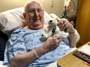 This Dec. 7, 2017, photo shows Ron Villemaire in Bedford, N.H. Villemaire, a terminally ill "Star Wars" fan, is unable to get himself to the movie theatre and sit in a seat. So fire departments are planning to take him to the movie Saturday, Dec. 16. They'll transfer him to a hospital bed provided at the theatre.