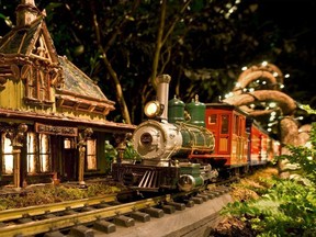 The New York Botanical Garden’s annual Holiday Train Show features large G-scale model trains and trolleys humming along 1-km of track.