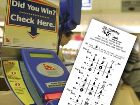 This file photo shows an OLG lottery ticket checker in Ontario on Oct. 25, 2006 alongside a South Carolina Holiday Cash Add-A-Play ticket.
