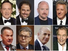 This combination photo shows, top row from left, Kevin Spacey, Brett Ratner, Louis C.K., Distin Hoffman, and bottom row from left, former Alabama Senate candidate Roy Moore, Sen. Al Franken, D-Minn., former "Today" morning co-host Matt Lauer and former "CBS This Morning" co-host Charlie Rose, all of whom have been accused of sexual misconduct. (AP Photo/file)