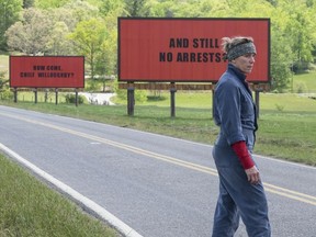 This image released by Fox Searchlight shows Frances McDormand in a scene from "Three Billboards Outside Ebbing, Missouri."  "Three Billboards Outside Ebbing, Missouri" landed a leading four Screen Actors Guild Awards nominations, including best ensemble. (Fox Searchlight via AP)