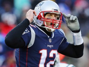 Tom Brady of the New England Patriots gestures during the second half against the New York Jets at Gillette Stadium on Dec. 31, 2017