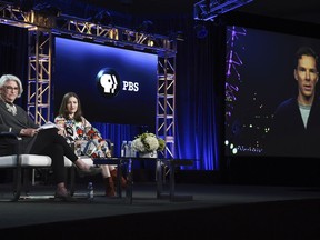 Rebecca Eaton, left, Kelly Macdonald and Benedict Cumberbatch (via satellite) participate in the "The Child in Time" panel during the PBS Television Critics Association Winter Press Tour on Wednesday, Jan. 17, 2018, in Pasadena, Calif.