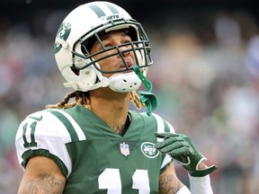 Robby Anderson #11 of the New York Jets reacts after his team fails to convert on third down against the Los Angeles Chargers during the first half of an NFL game at MetLife Stadium on December 24, 2017 in East Rutherford, New Jersey.