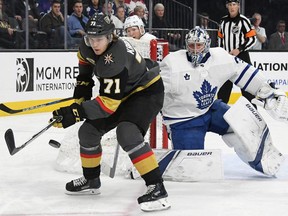 William Karlsson of the Vegas Golden Knights tries to control the puck as Frederik Andersen of the Toronto Maple Leafs tends net during the second period of their game at T-Mobile Arena on Dec. 31, 2017 in Las Vegas (Ethan Miller/Getty Images)