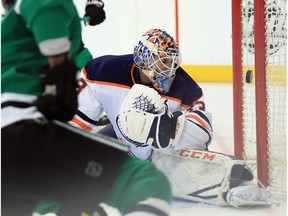 Edmonton Oilers goalie Cam Talbot gives up a goal against Alexander Radulov of the Dallas Stars on the way to a 5-1 loss at American Airlines Center on Saturday, Jan. 6, 2018.