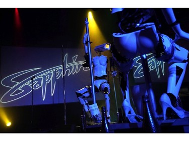 Two 'stripper robots' perform during a debut of the first robotic exotic dancers in the world at Sapphire Las Vegas Gentlemen's Club on the eve of the CES 2018 Jan. 8, 2018 in Las Vegas. (Alex Wong/Getty Images)