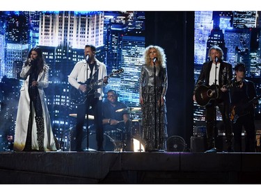 (L-R) Recording artists Karen Fairchild, Jimi Westbrook, Kimberly Schlapman, and Philip Sweet of music group Little Big Town perform onstage during the 60th Annual Grammy Awards at Madison Square Garden on Jan. 28, 2018 in New York. (Kevin Winter/Getty Images for NARAS)