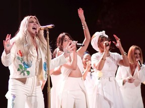 (L-R) Kesha, Camila Cabello, Andra Day, Kesha and Julia Michaels perform onstage during the 60th Annual GRAMMY Awards at Madison Square Garden on January 28, 2018 in New York City.