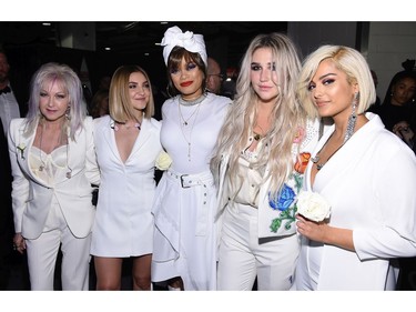 (L-R) Recording artists Cyndi Lauper, Julia Michaels, Andra Day, Kesha and Bebe Rexha pose backstage during the 60th Annual Grammy Awards at Madison Square Garden on Jan. 28, 2018 in New York. (Dimitrios Kambouris/Getty Images for NARAS)
