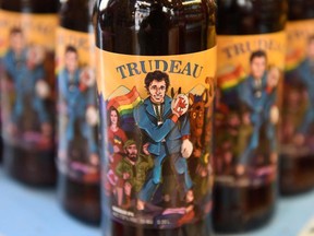 Bottles of Trudeau magnum pale ale brewed at the site with Canadian Prime Minister Justin Trudeau depicted on the label, are displayed at the Beer Theater, a restaurant in the western Ukrainian city of Lviv, on November 16, 2017.