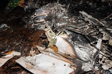 The remains of the burned fuselage of a small plane that crashed are seen in Guanacaste, Corozalito, Costa Rica on Dec. 31, 2017. (EZEQUIEL BECERRA/AFP/Getty Images)