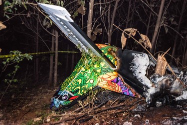 The tail of the burned fuselage of a small plane that crashed is seen in Guanacaste, Corozalito, Costa Rica on Dec. 31, 2017. 
(EZEQUIEL BECERRA/AFP/Getty Images)